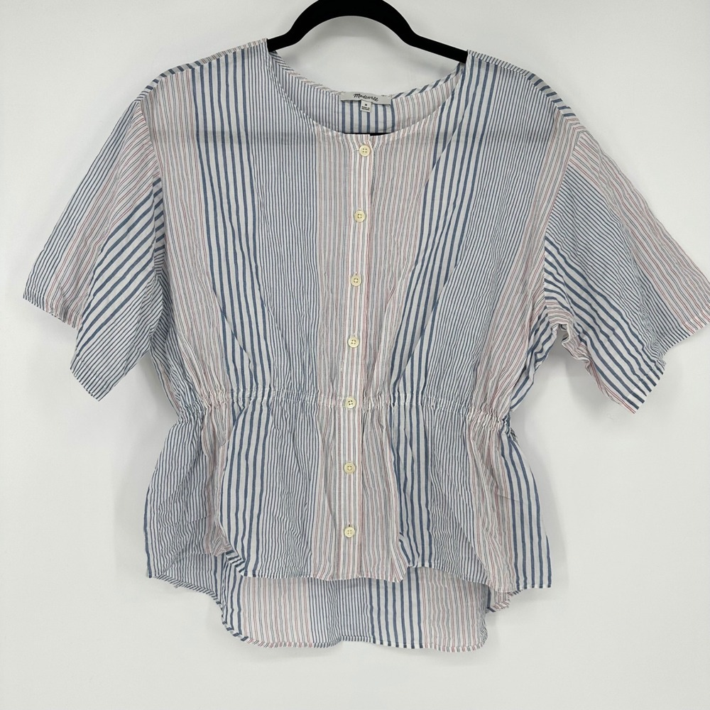Madewell Blue Red Stripe Drawstring Cinch Waist Cotton Button Up Blouse M